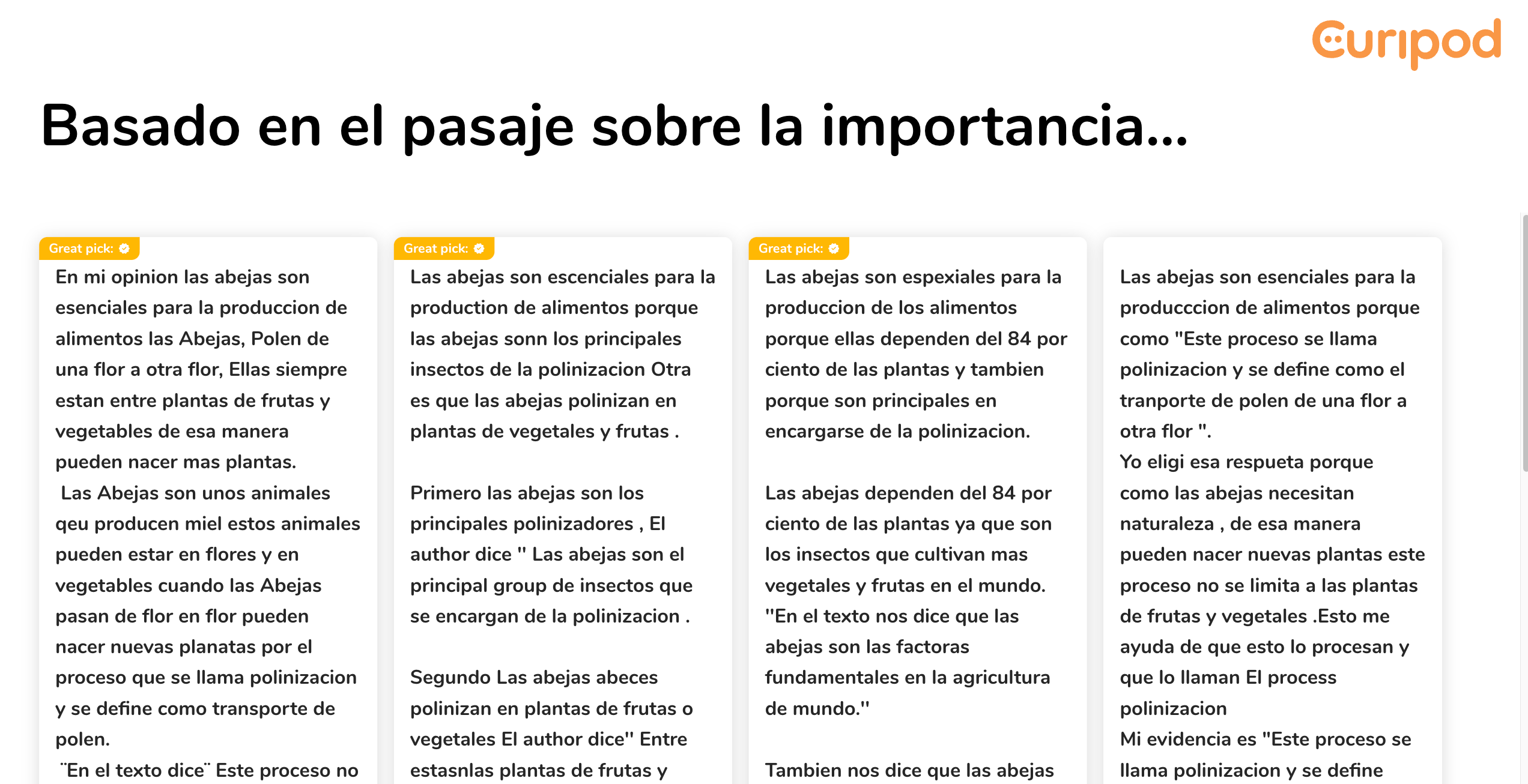 Curipod Bluebonnet activity rendered with Spanish translation and bilingual scaffolds.