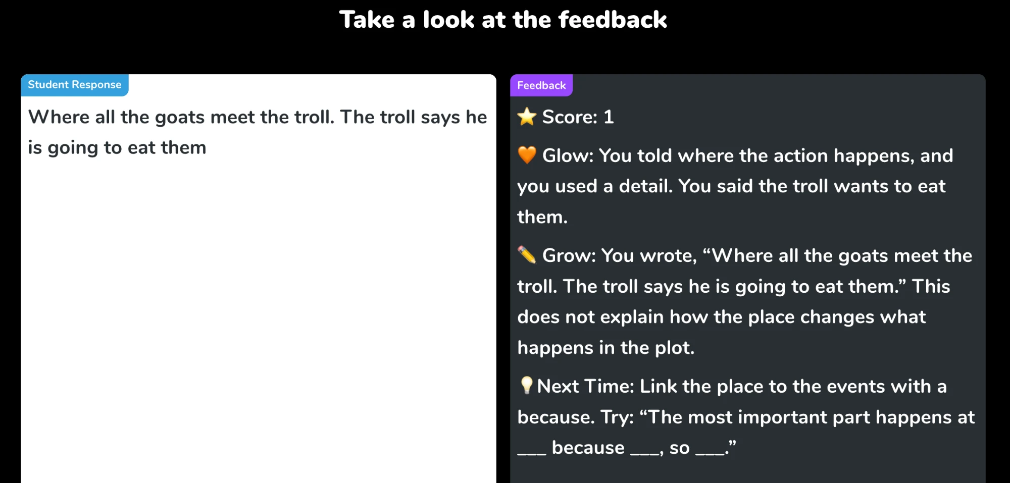 Curipod AI feedback on a student's SCR response, with a score plus Glow, Grow, and Next Time coaching.