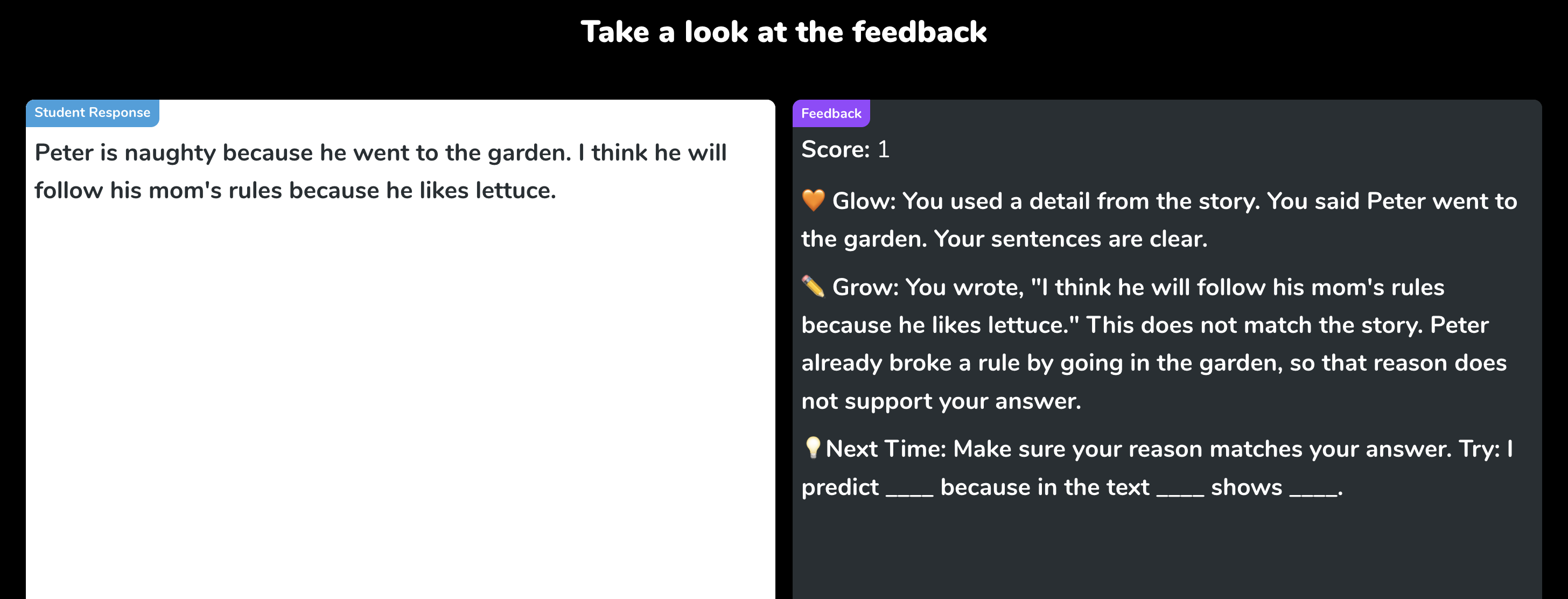 Curipod AI feedback on a student's SCR response, with a score plus Glow, Grow, and Next Time coaching.