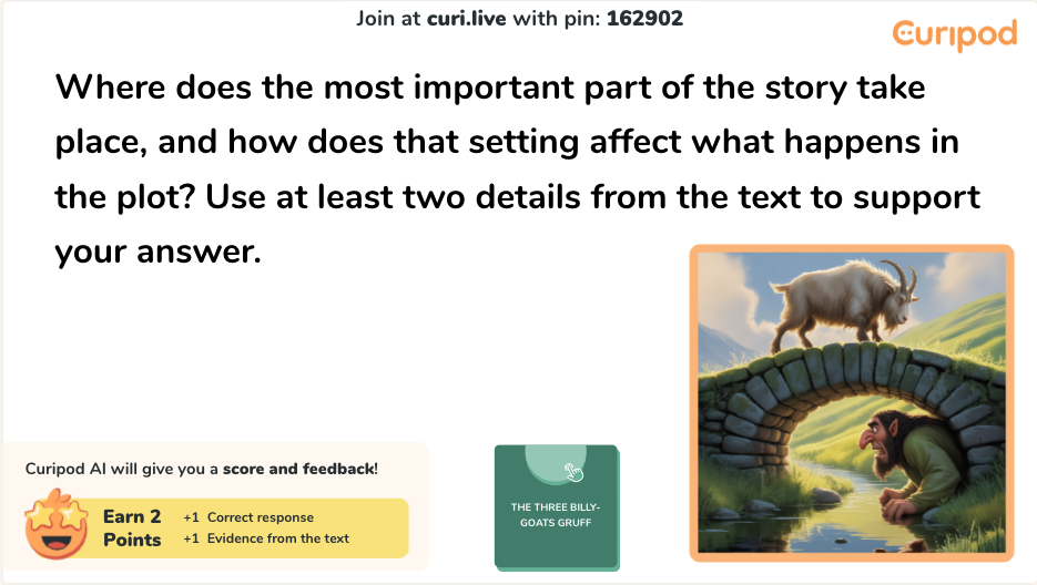 Curipod SCR practice slide from The Three Billy Goats Gruff asking students to analyze plot and setting using text evidence.