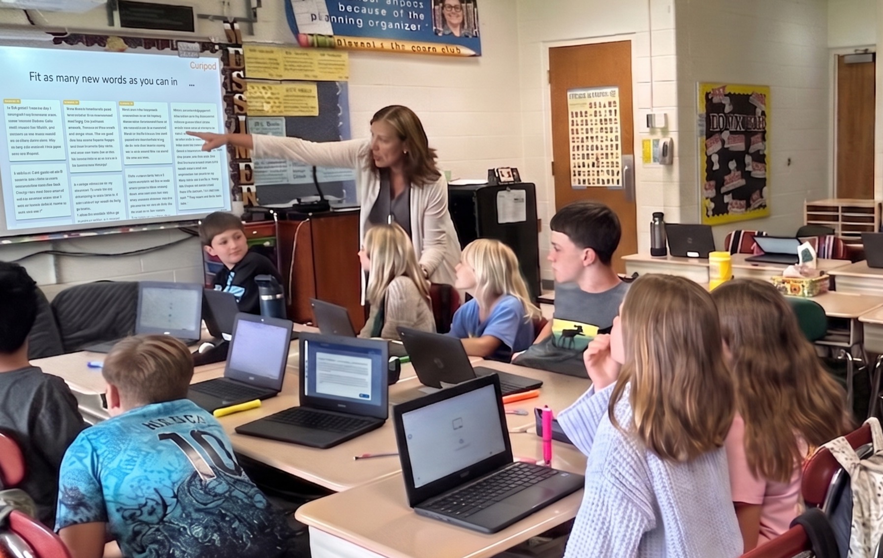 An HMH Into Reading lesson running on a Curipod activity slide in a K-5 Texas classroom, students engaged, looking up at the screen.