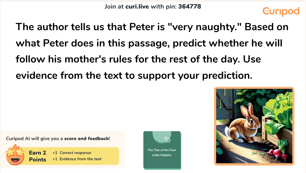 Curipod SCR practice slide asking students to predict, using text evidence, whether Peter will follow his mother's rules.